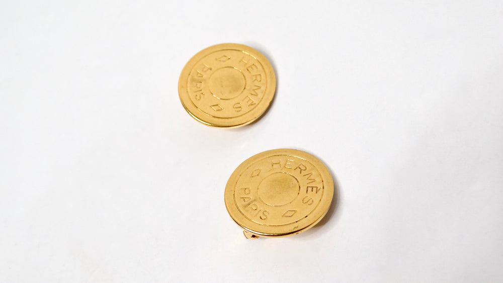 Hermes Paris "Clou de Selle" Gold-Tone Button Motif Clip-On Earrings