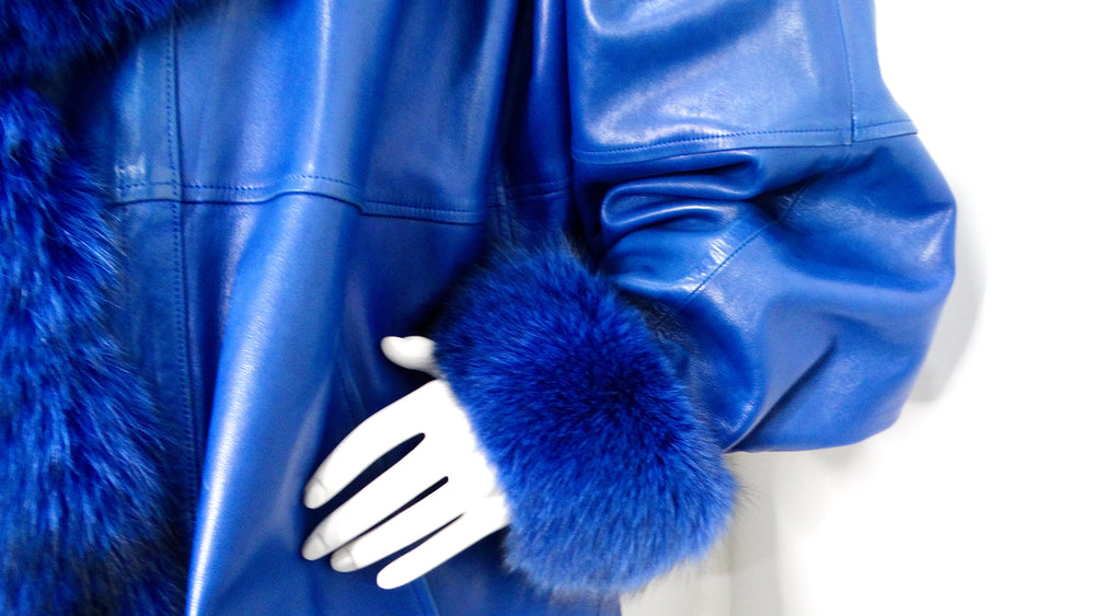 Jean Claude Jitoris Custom Made Cobalt Blue Fox Fur & Leather Coat circa 1990s