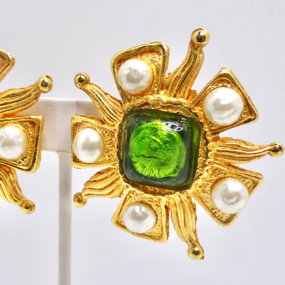 Dominque Aurientis Paris 1980s Gold Plated Green Stone Flower Clip On Earrings