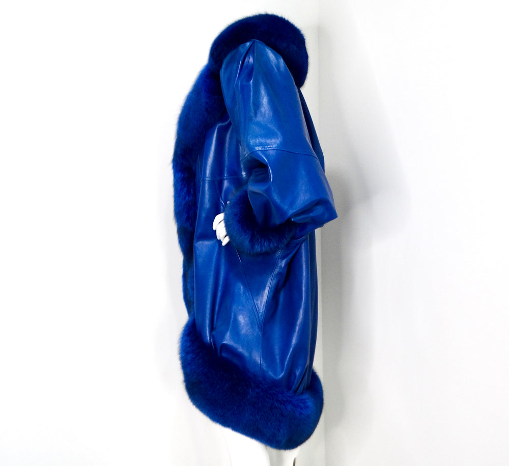 Jean Claude Jitoris Custom Made Cobalt Blue Fox Fur & Leather Coat circa 1990s