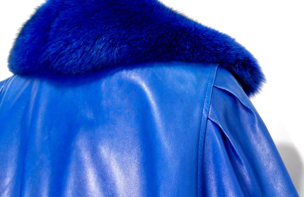 Jean Claude Jitoris Custom Made Cobalt Blue Fox Fur & Leather Coat circa 1990s