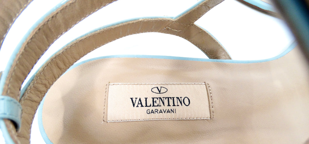 Valentino Garavani Light Blue Rockstud Flat Patent Leather Sandals