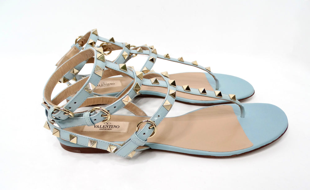 Valentino Garavani Light Blue Rockstud Flat Patent Leather Sandals