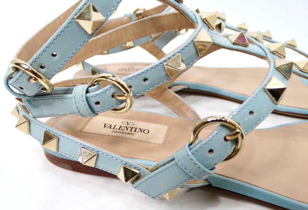 Valentino Garavani Light Blue Rockstud Flat Patent Leather Sandals