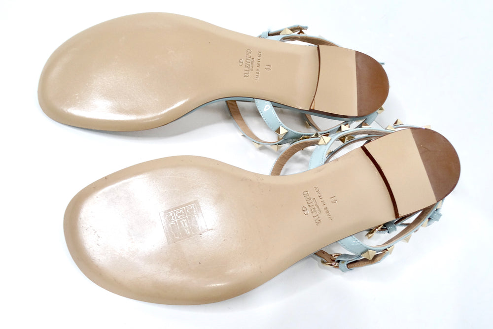 Valentino Garavani Light Blue Rockstud Flat Patent Leather Sandals