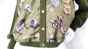 Hermes Green Mushroom Print Silk & Wool Cardigan circa 1980s