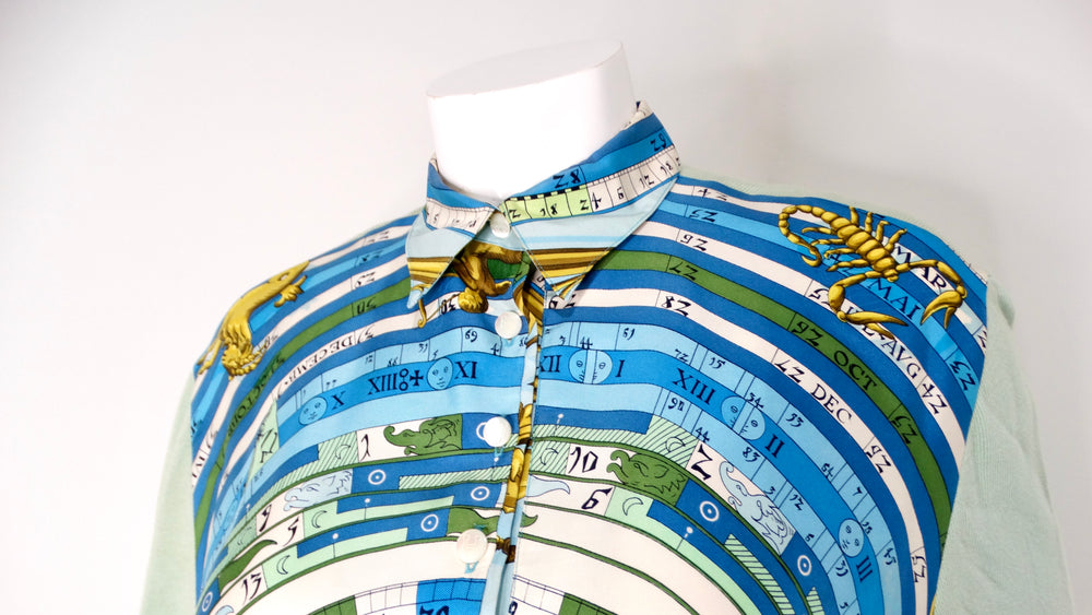 Hermes "Dies et Hore" Astrological Sun Print Silk Blouse circa 1980s