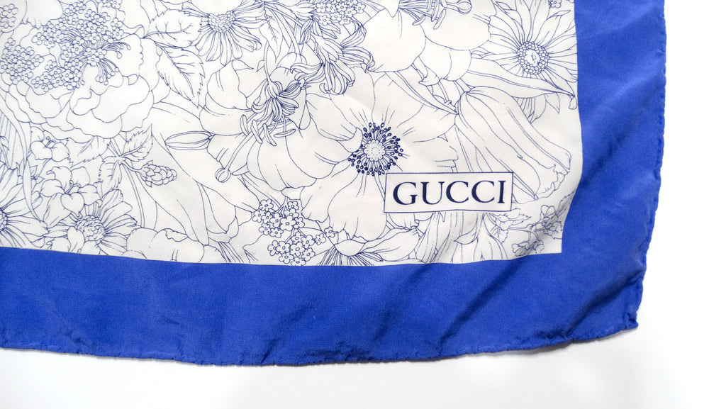 1980s Gucci Blue Flower Bouquet Print Silk Scarf