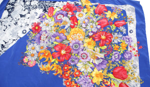 1980s Gucci Blue Flower Bouquet Print Silk Scarf