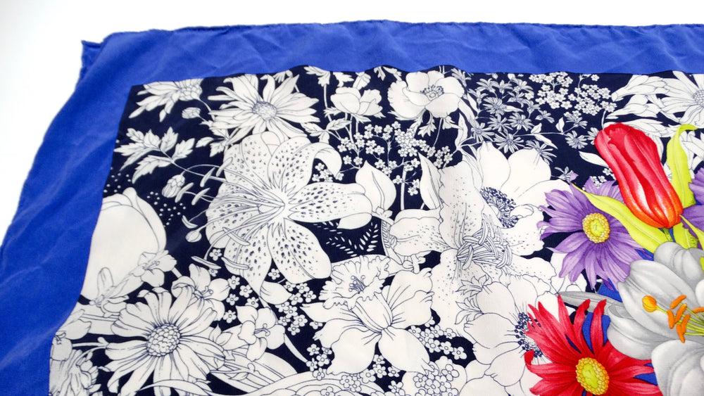 1980s Gucci Blue Flower Bouquet Print Silk Scarf