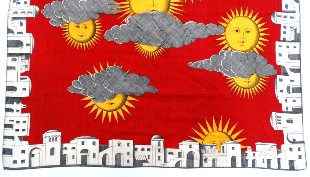 Vintage 1950s Fornasetti Red Sun of Capri Print Silk Scarf