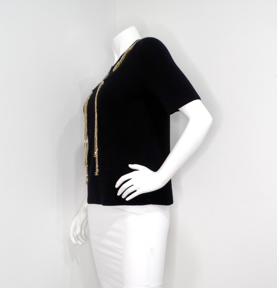 Chanel Black & Gold-Tone Interlocking CC Chain Drop Ribbed Wool Top
