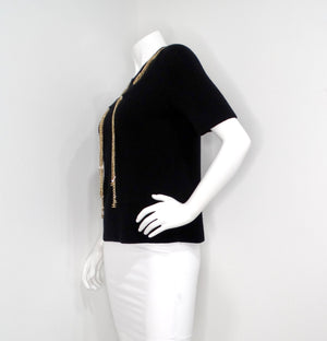 Chanel Black & Gold-Tone Interlocking CC Chain Drop Ribbed Wool Top
