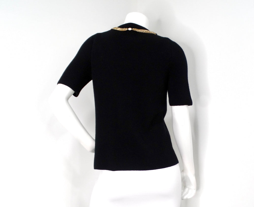 Chanel Black & Gold-Tone Interlocking CC Chain Drop Ribbed Wool Top