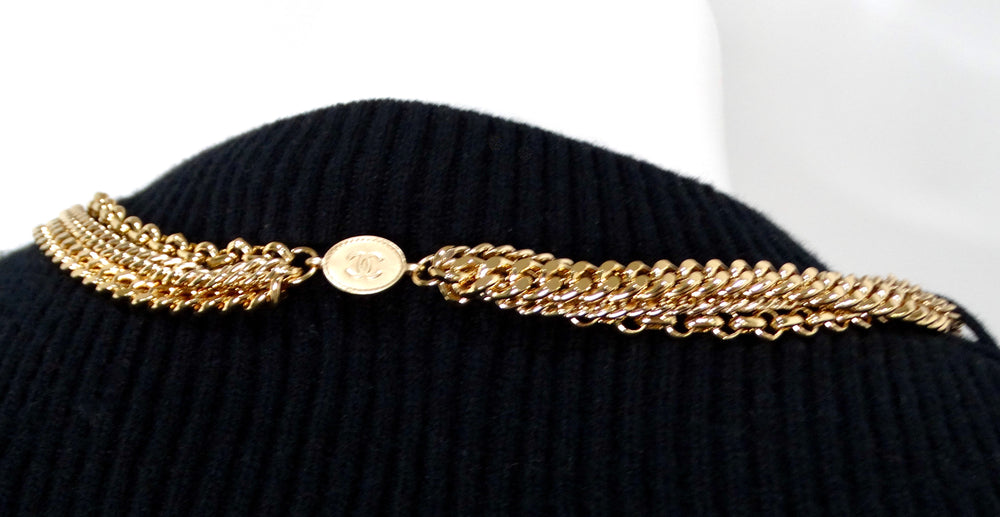 Chanel Black & Gold-Tone Interlocking CC Chain Drop Ribbed Wool Top