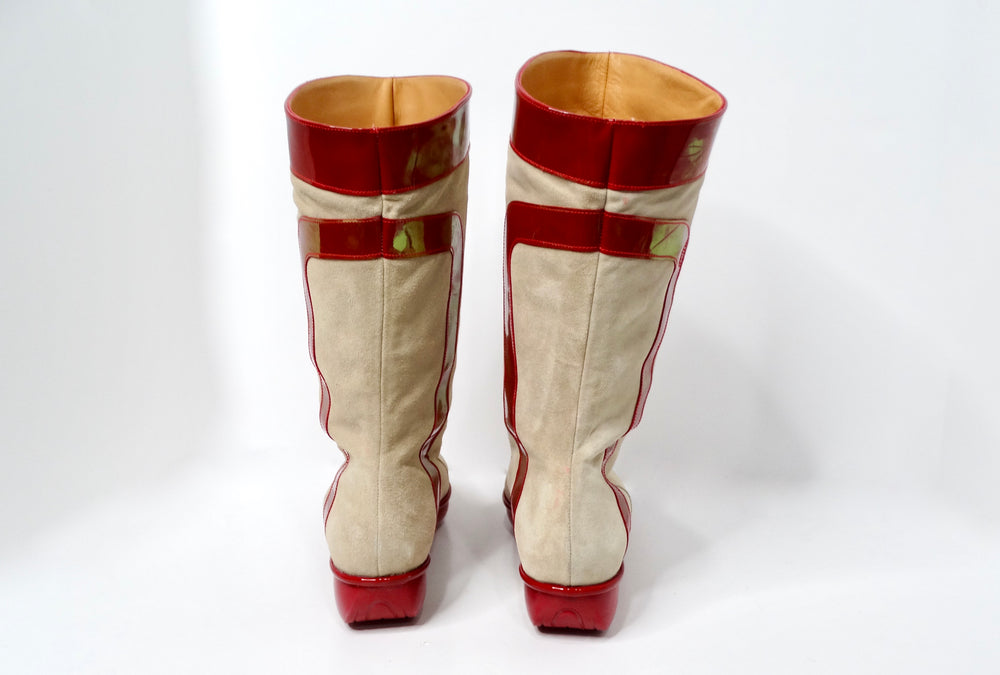 1980s Robert Clergerie Suede & Red Patent Leather Iridescent Retro Boots