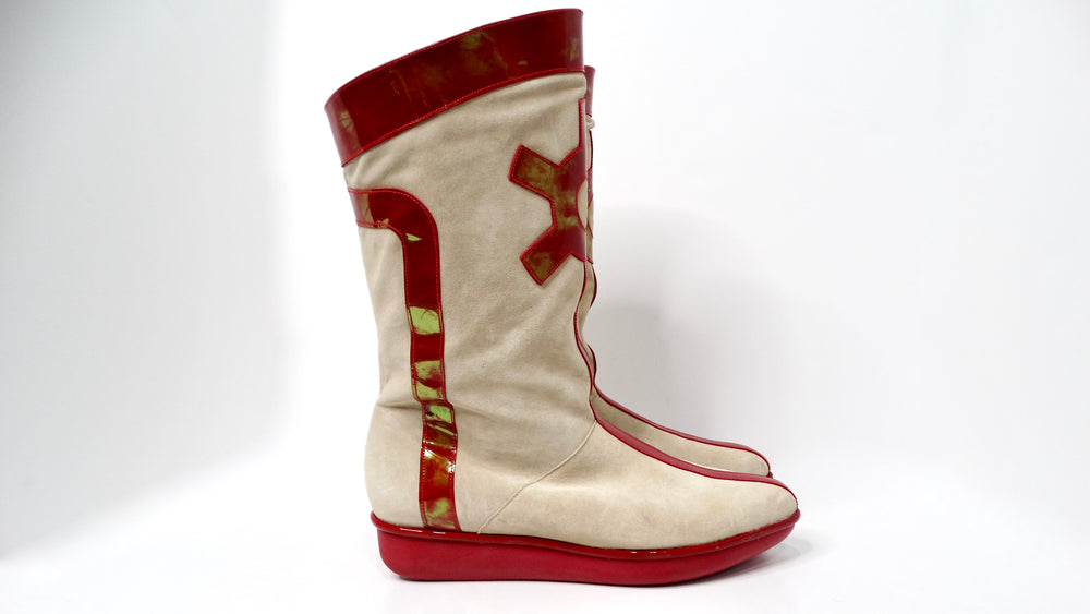 1980s Robert Clergerie Suede & Red Patent Leather Iridescent Retro Boots