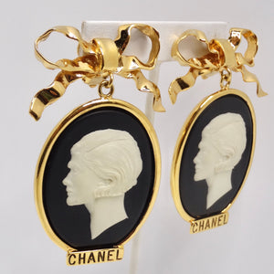 Chanel Rare 1980s Large Gold Tone Cameo Earrings