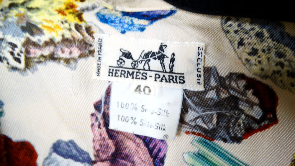 1980s Hermes Mineraux Geo Rock Print Silk Printed Button-Up Top