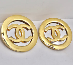 Chanel 1991 Gold Metal and Silver Mirror Oversize CC Earrings
