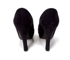 Chanel Black Suede Interlocking CC Logo Plate Loafer Heels circa 1990s