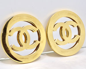 Chanel 1991 Gold Metal and Silver Mirror Oversize CC Earrings