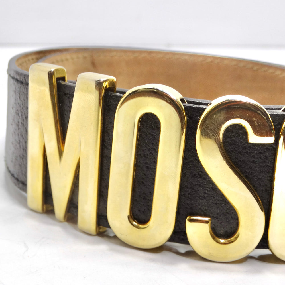 Moschino 1990s Gold Tone Logo Black Leather Belt