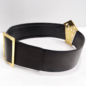 Chanel 1980s Black Leather 24k Gold-Plated Filigree Belt