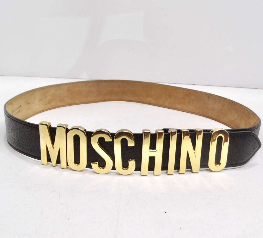 Moschino 1990s Gold Tone Logo Black Leather Belt