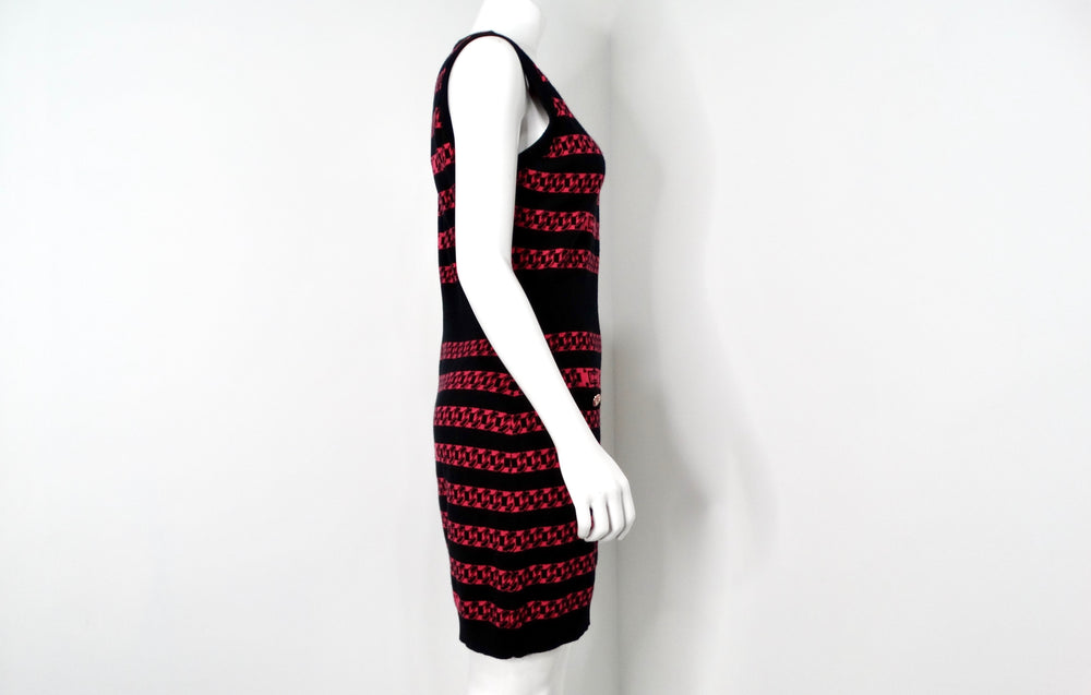 Chanel Black & Pink Chain Link Pattern Cashmere Sleeveless Mini Dress