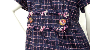 2015 Chanel Fantasy Blue & Pink Tweed Button-Up Mini Dress