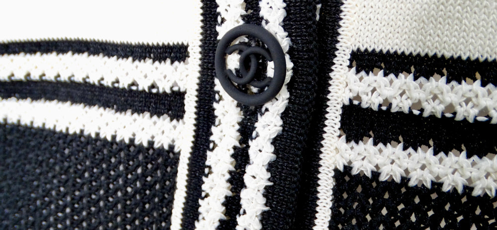 Chanel White & Black Striped V-Neck Cardigan 2019