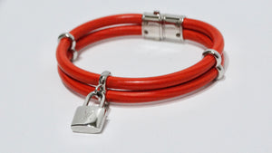 Louis Vuitton Double Leather Chord Bracelet and LV Silver Lock Charm