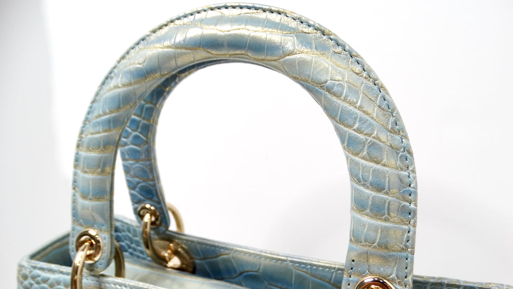 Christian Dior Exotic Lady Dior Blue Iridescent Gold Crocodile Leather Handbag