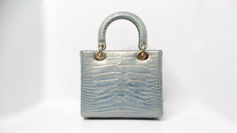 Christian Dior Exotic Lady Dior Blue Iridescent Gold Crocodile Leather Handbag