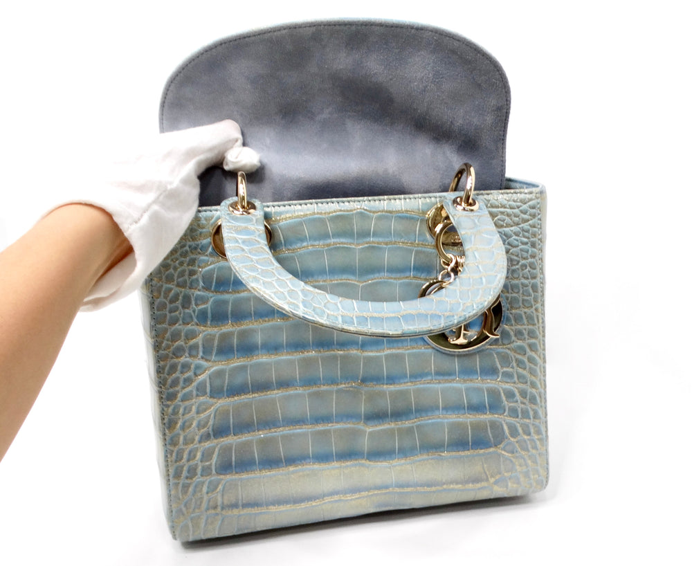 Christian Dior Exotic Lady Dior Blue Iridescent Gold Crocodile Leather Handbag