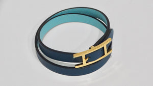 Hermes Behapi Double Tour Two-Toned Blue Leather Wrap Bracelet