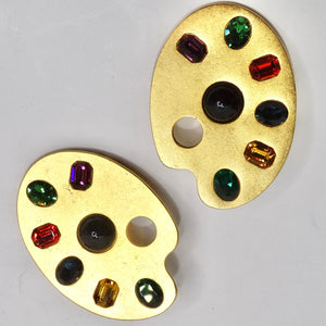 Karl Lagerfeld 1980s Gold Plated Paint Palette Motif Multicolor Gem Earrings