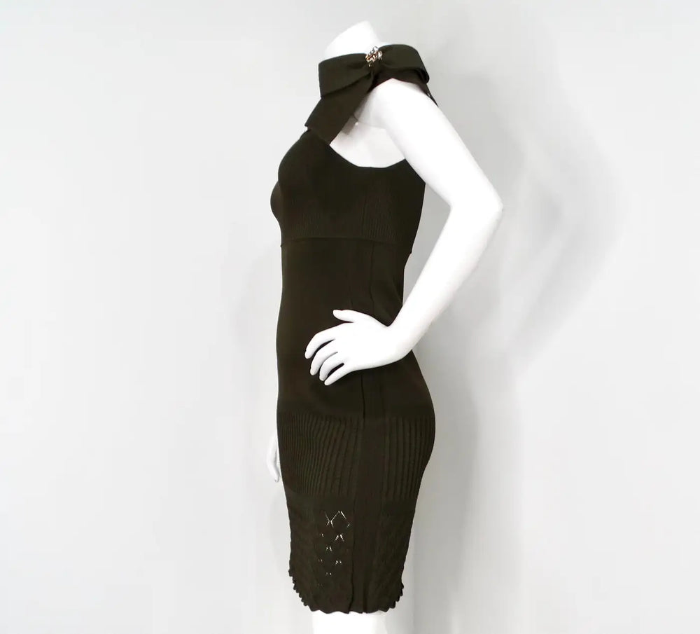 Chanel Green Off-The-Shoulder Crystal Brooch Detailed Knit Dress 2008