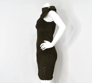 Chanel Green Off-The-Shoulder Crystal Brooch Detailed Knit Dress 2008
