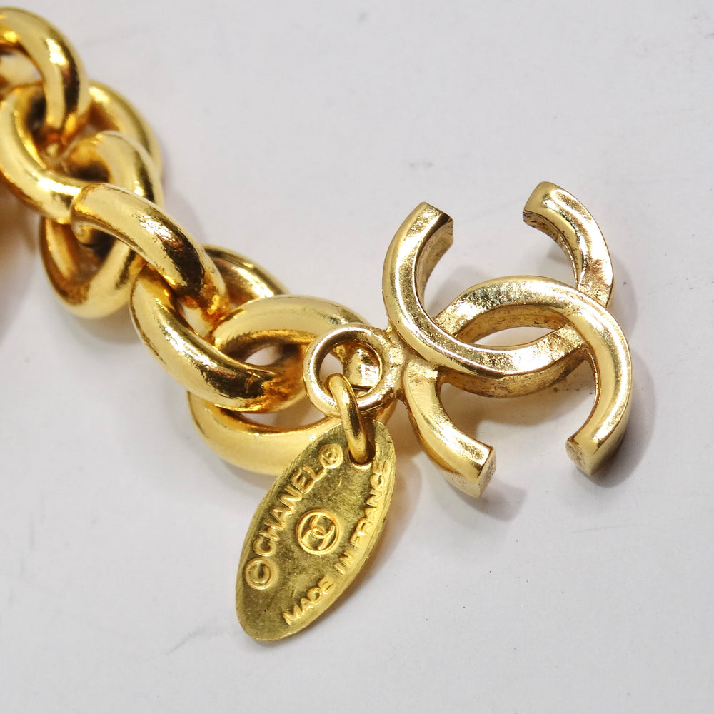 Chanel 1980s Gold Tone Logo Quilted Medallion Necklace