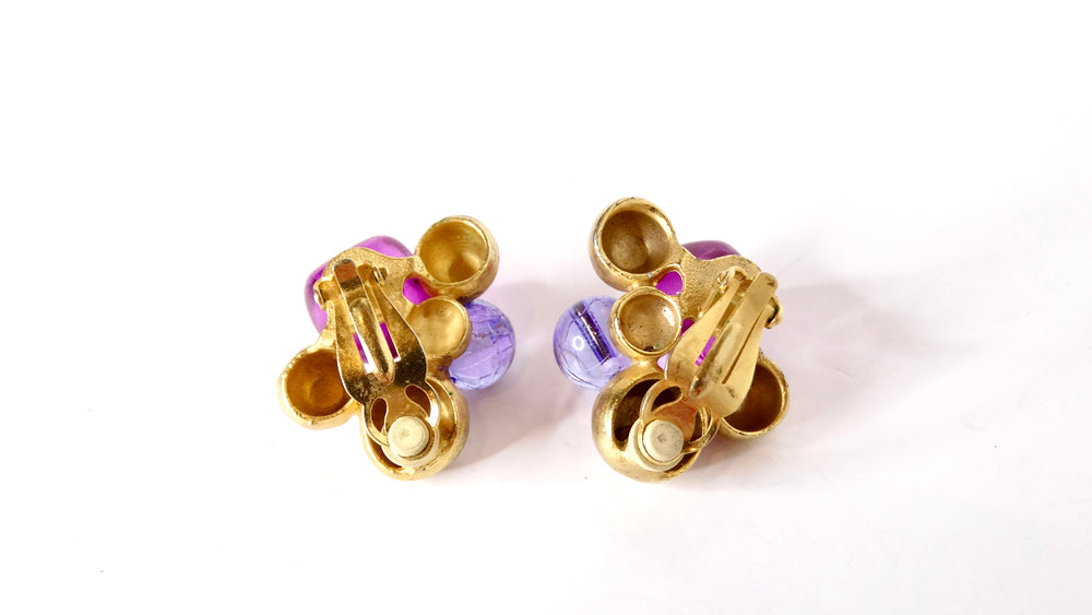 Vintage Purple Beaded Cluster 14k Gold Plated Clip-On Earrings