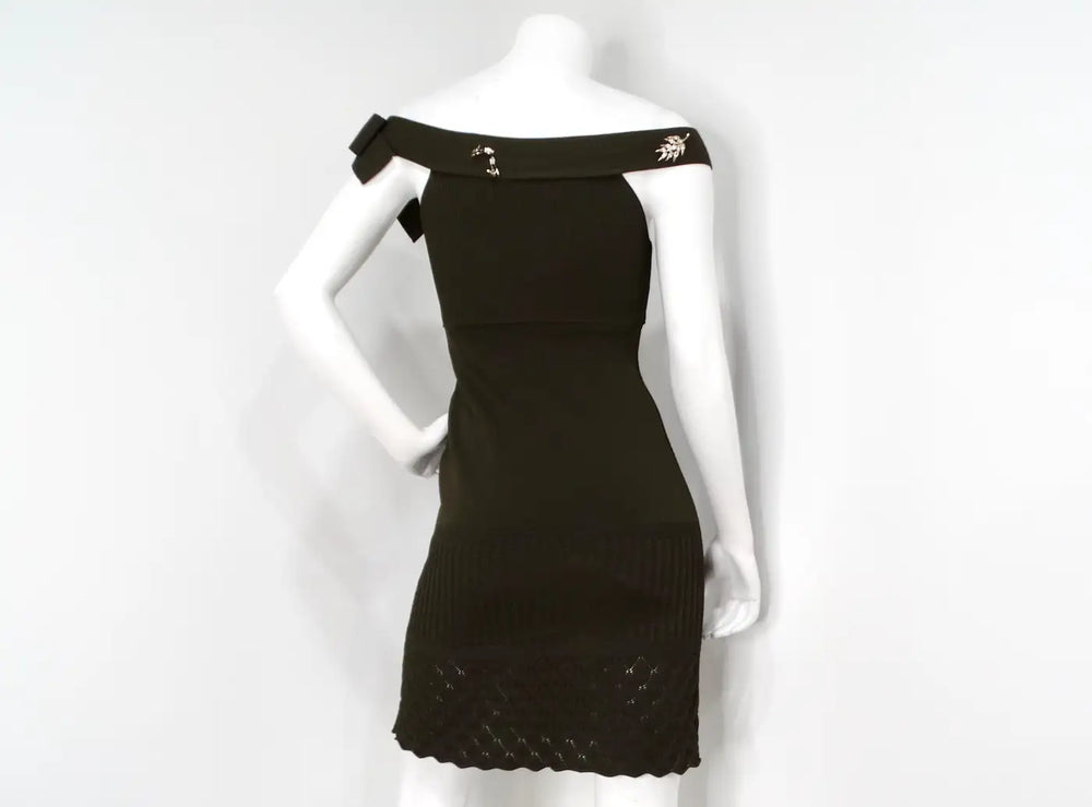 Chanel Green Off-The-Shoulder Crystal Brooch Detailed Knit Dress 2008