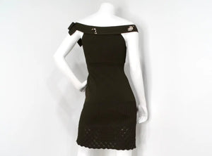 Chanel Green Off-The-Shoulder Crystal Brooch Detailed Knit Dress 2008