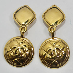 Chanel 1980s Gold Tone Quilted Drop Earrings