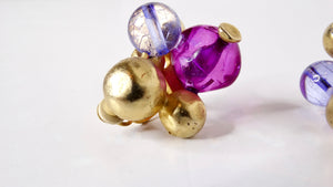 Vintage Purple Beaded Cluster 14k Gold Plated Clip-On Earrings