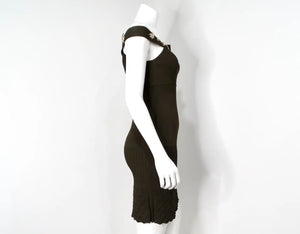 Chanel Green Off-The-Shoulder Crystal Brooch Detailed Knit Dress 2008