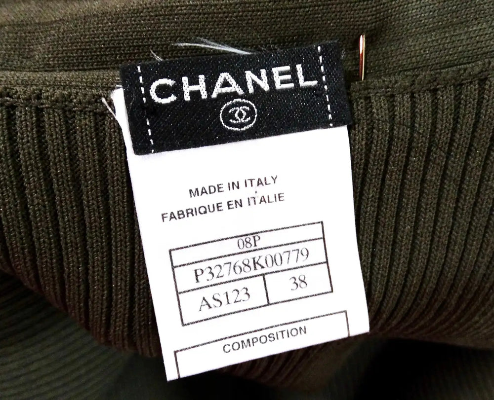 Chanel Green Off-The-Shoulder Crystal Brooch Detailed Knit Dress 2008