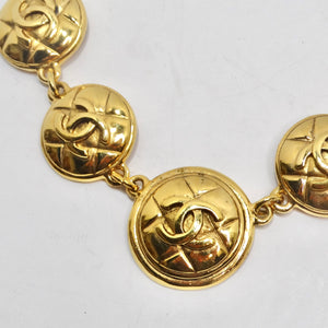 Chanel 1980s Gold Tone Logo Quilted Medallion Necklace