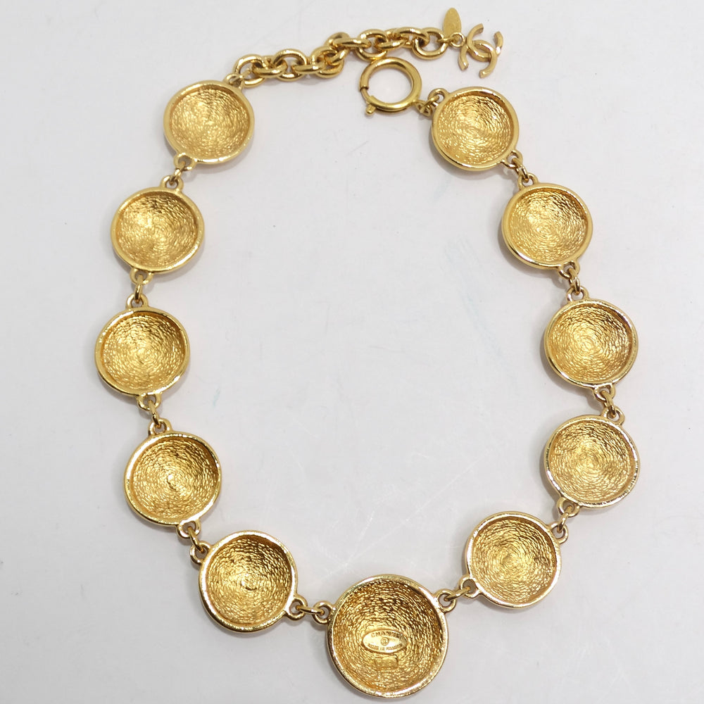 Chanel 1980s Gold Tone Logo Quilted Medallion Necklace